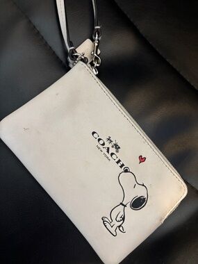 Coach White Leather Snoopy Wristlet with Red Heart